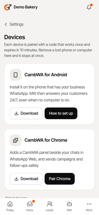 Settings, Devices: the Android app and the Chrome extension